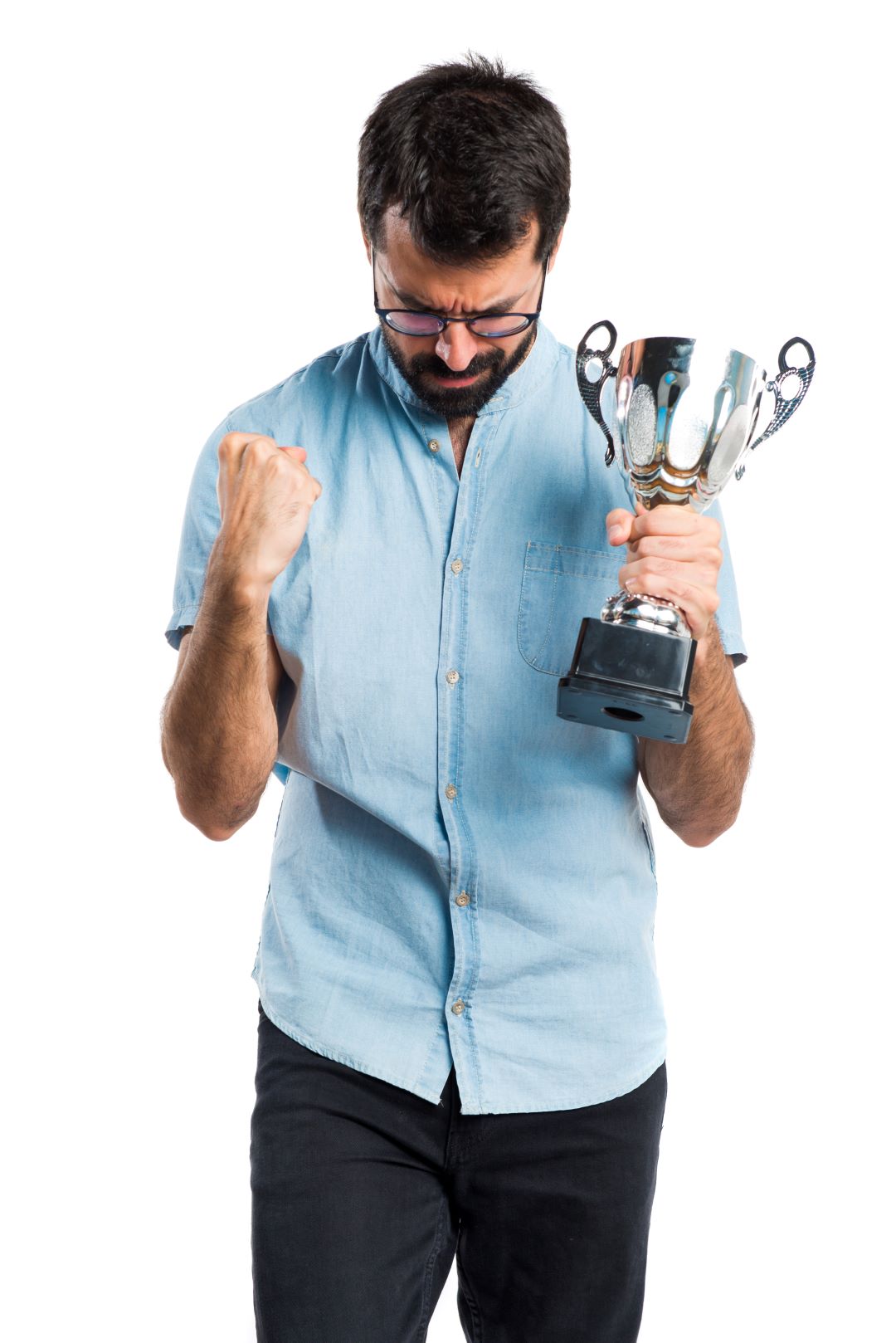 Person happy because they got rewards and recognition trophy